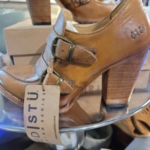 BED STU IVY WINSOR TAN RUSTIC LUX LEATHER UPPER  Wood HEEL OXFORDS SIZE 7.5 USED